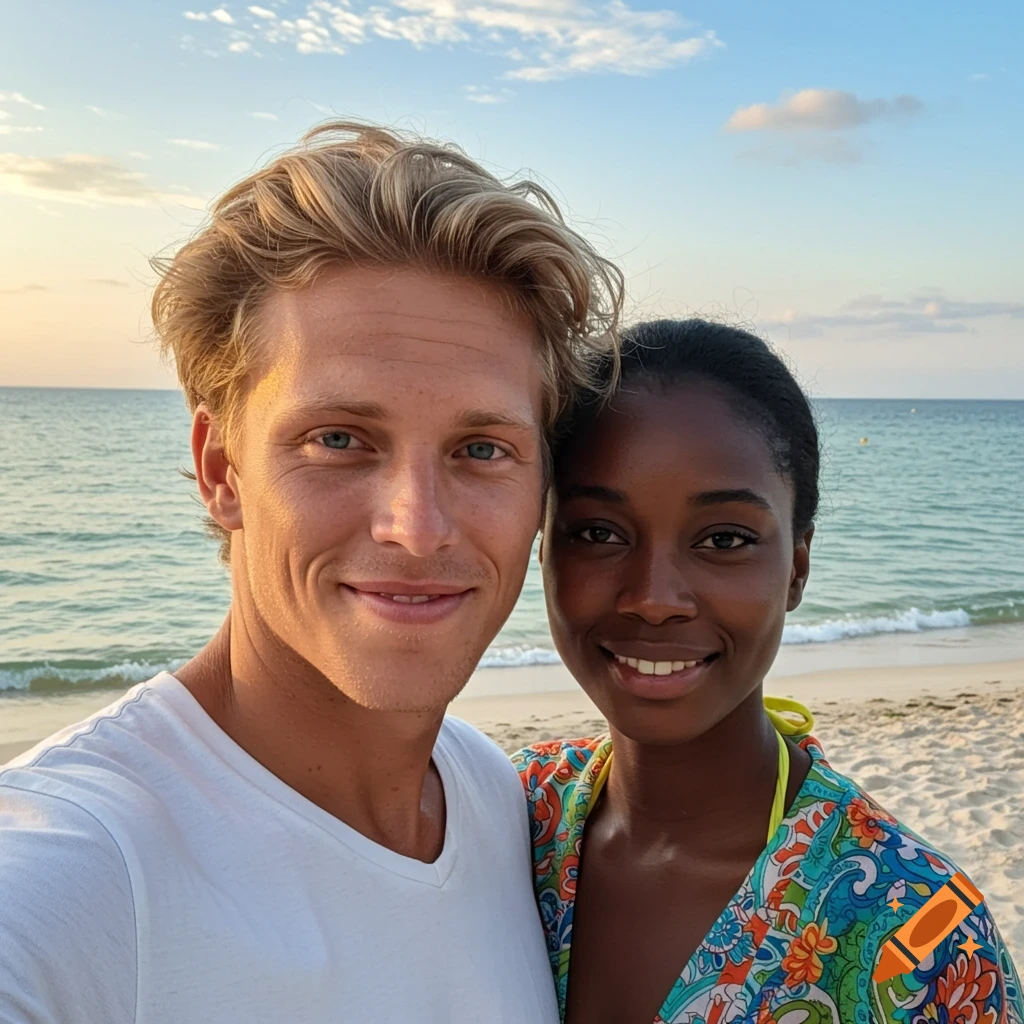 A blonde man and a black woman smile for a close-up photo on a beach with the ocean behind them at sunset.