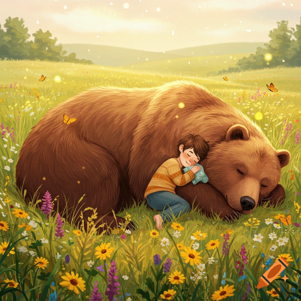 A small child sleeps peacefully, hugging a large brown bear in a vibrant wildflower field under a warm sky, illustration.