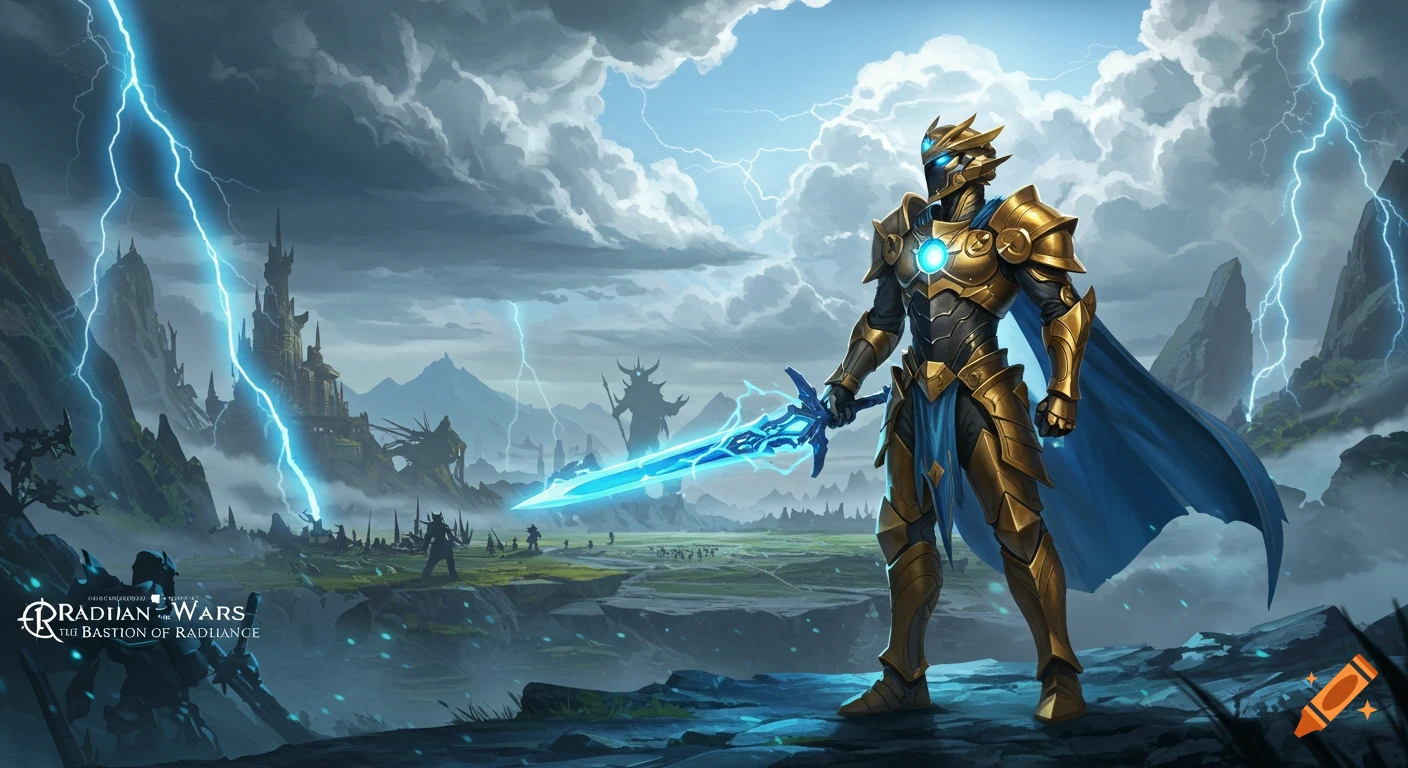 A golden armored hero with a glowing blue sword stands on a cliff overlooking a stormy landscape with castles, lightning, and distant figures. Digital illustration.