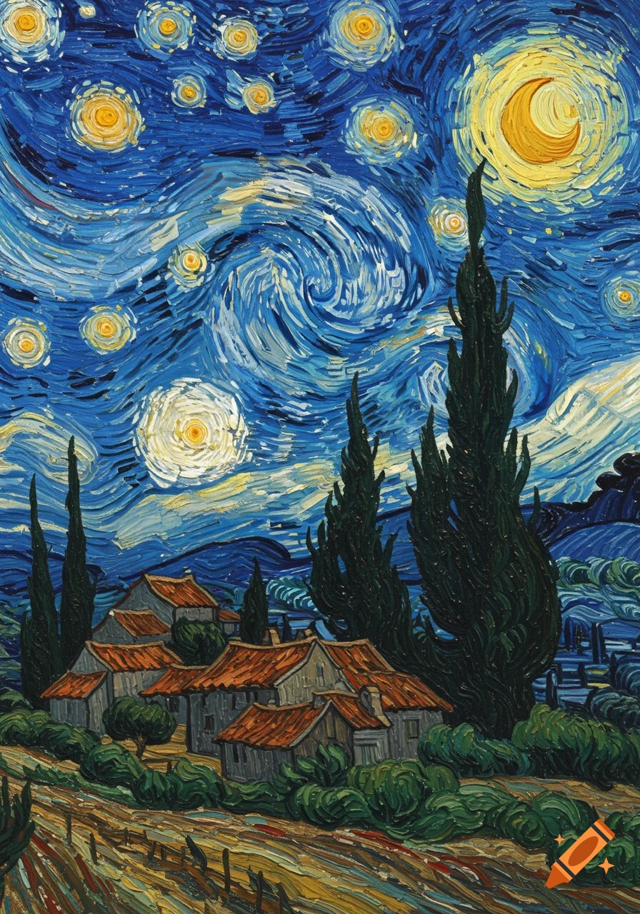 A vibrant painting in Van Gogh's style of a village with cypress trees under a swirling dark blue starry night sky and a bright crescent moon.