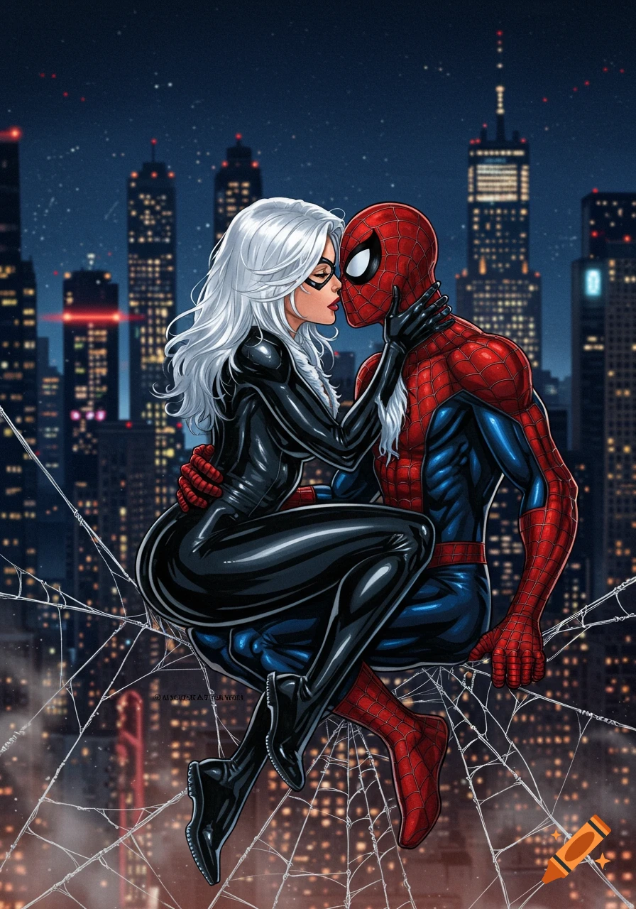 Comic art of Black Cat kissing Spider-Man on a spiderweb above a city skyline at night.