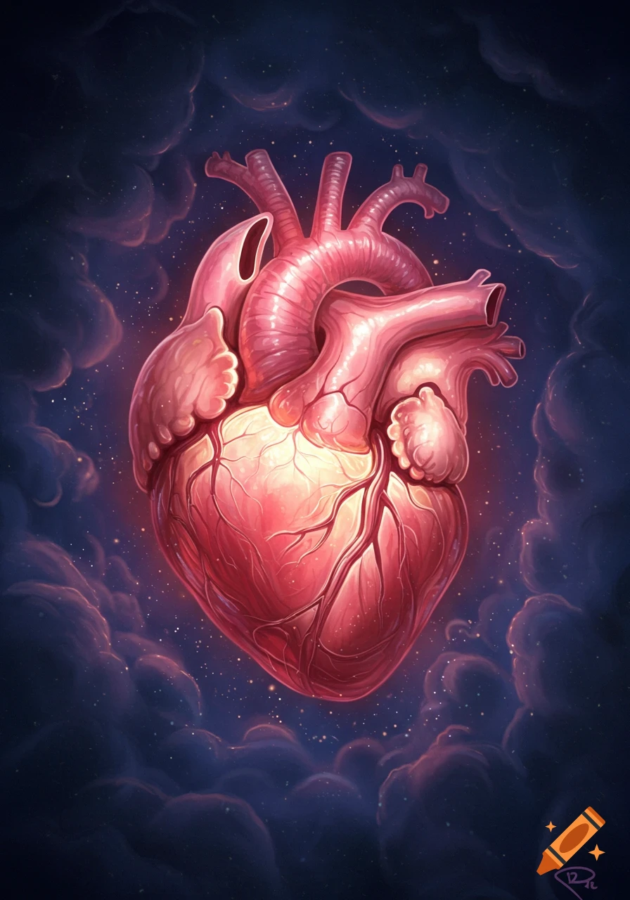 A stylized anatomical human heart glows, surrounded by dark purple clouds and tiny stars in a cosmic fantasy illustration.