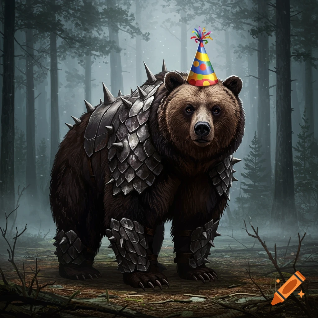 A large brown bear wearing spiked metal armor and a colorful party hat stands in a misty forest.