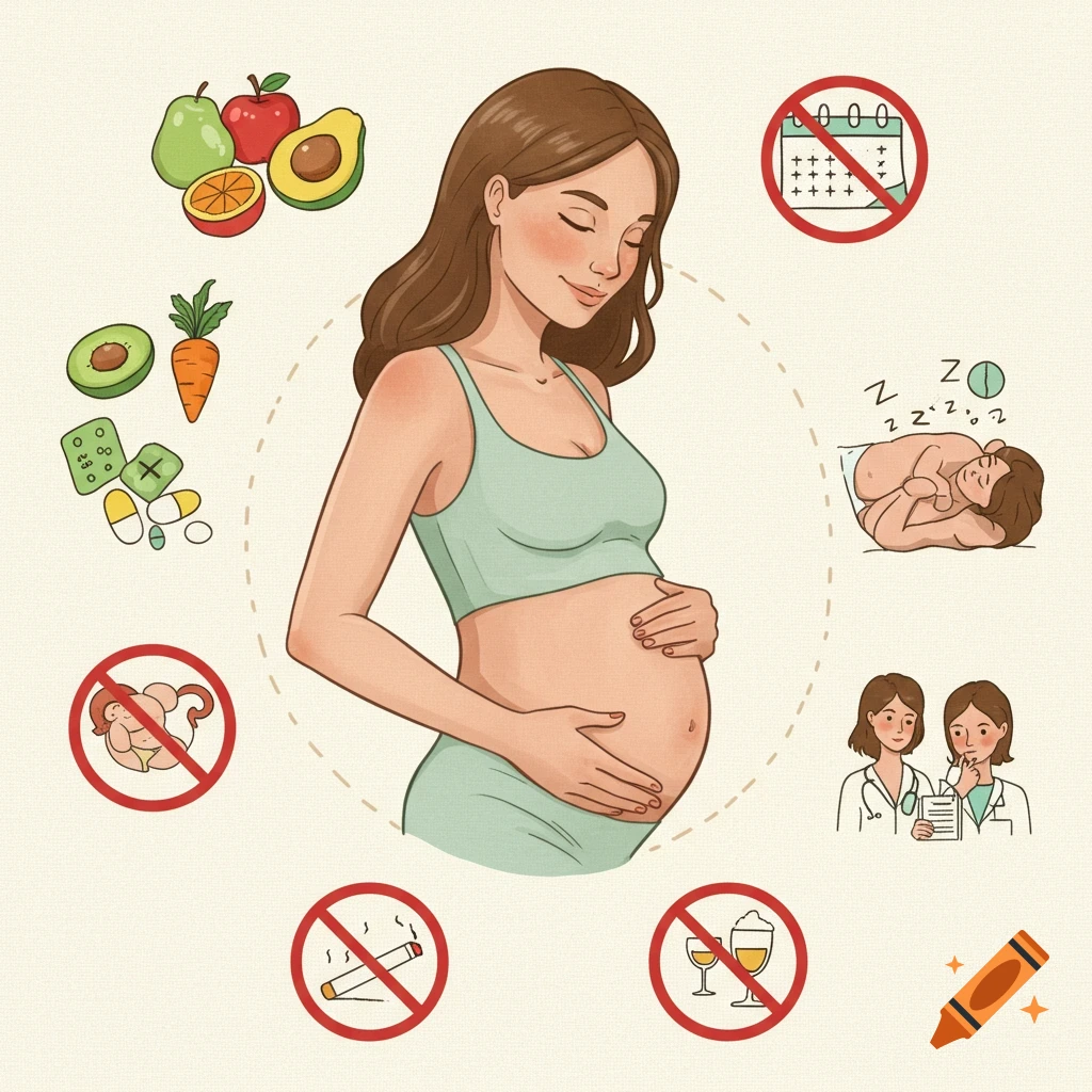 Illustration of a pregnant woman surrounded by icons: good diet, vitamins, no calendar for period tracking, adequate sleep, doctors consultation, no smoking, no alcohol, and no lifting.