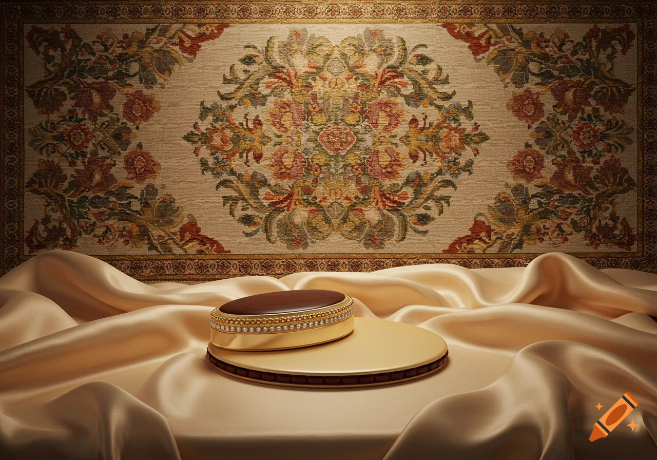 A gold and brown oval product with diamond trim rests on champagne satin fabric, set against a traditional floral patterned rug.