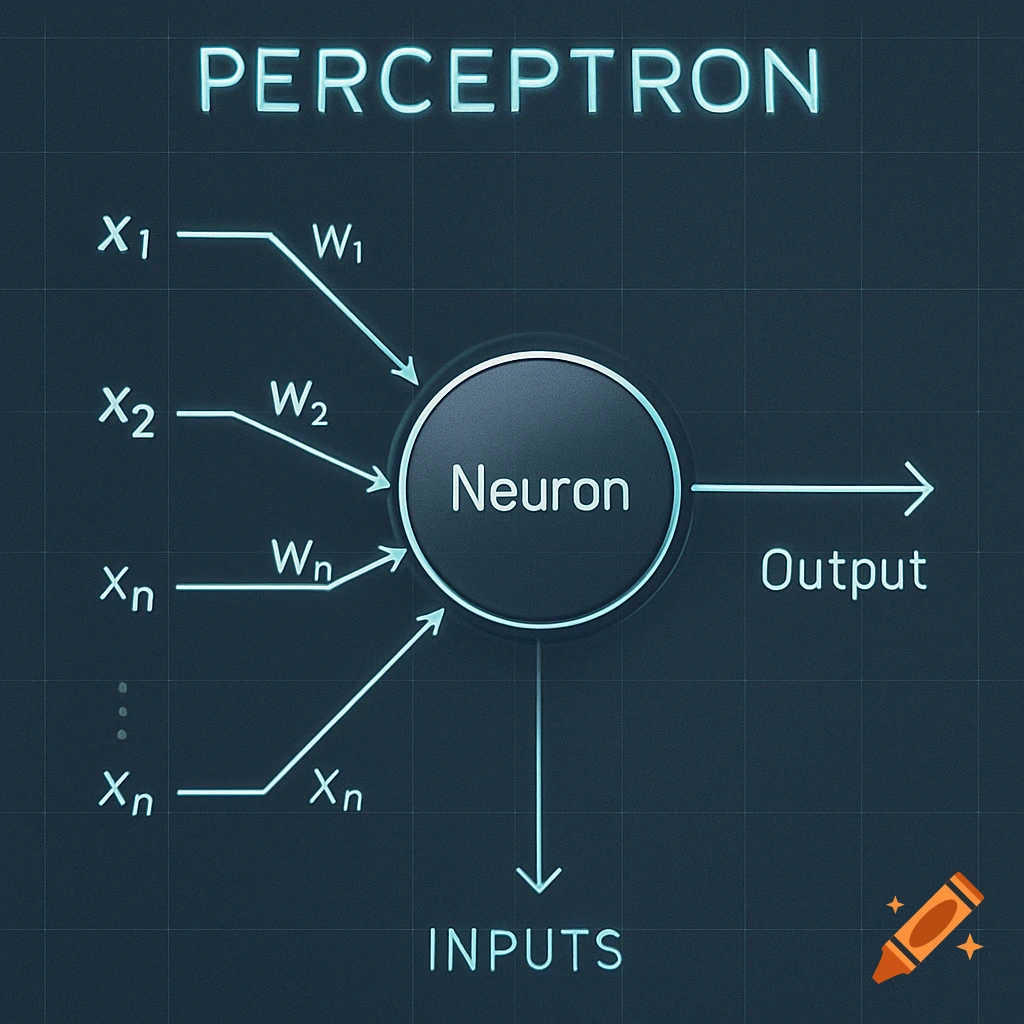 A glowing neon blue diagram on a dark background showing a perceptron model with inputs X1 to Xn, weights W1 to Wn, a central neuron, and an output.