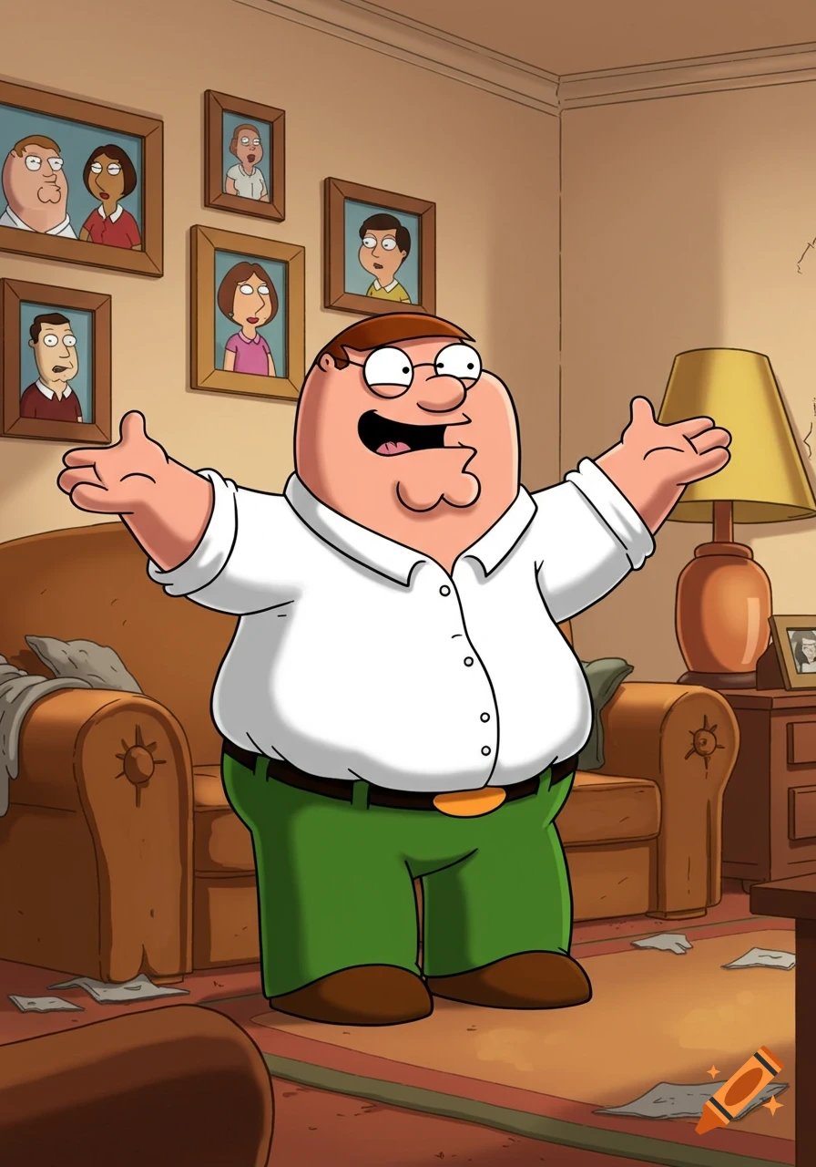 Peter Griffin from Family Guy stands with open arms in his living room, surrounded by framed family photos in a cartoon style.