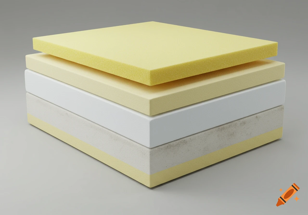 A photorealistic cross-section of a mattress shows multiple layers of foam in bright yellow, cream, white, and dirty white colors, stacked on a gray background.