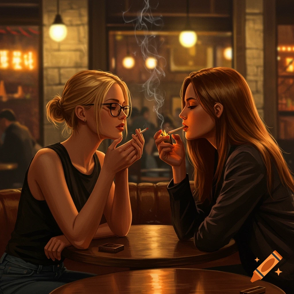 Two women in a warmly lit bar, one lighting another's cigarette. Digital art style.