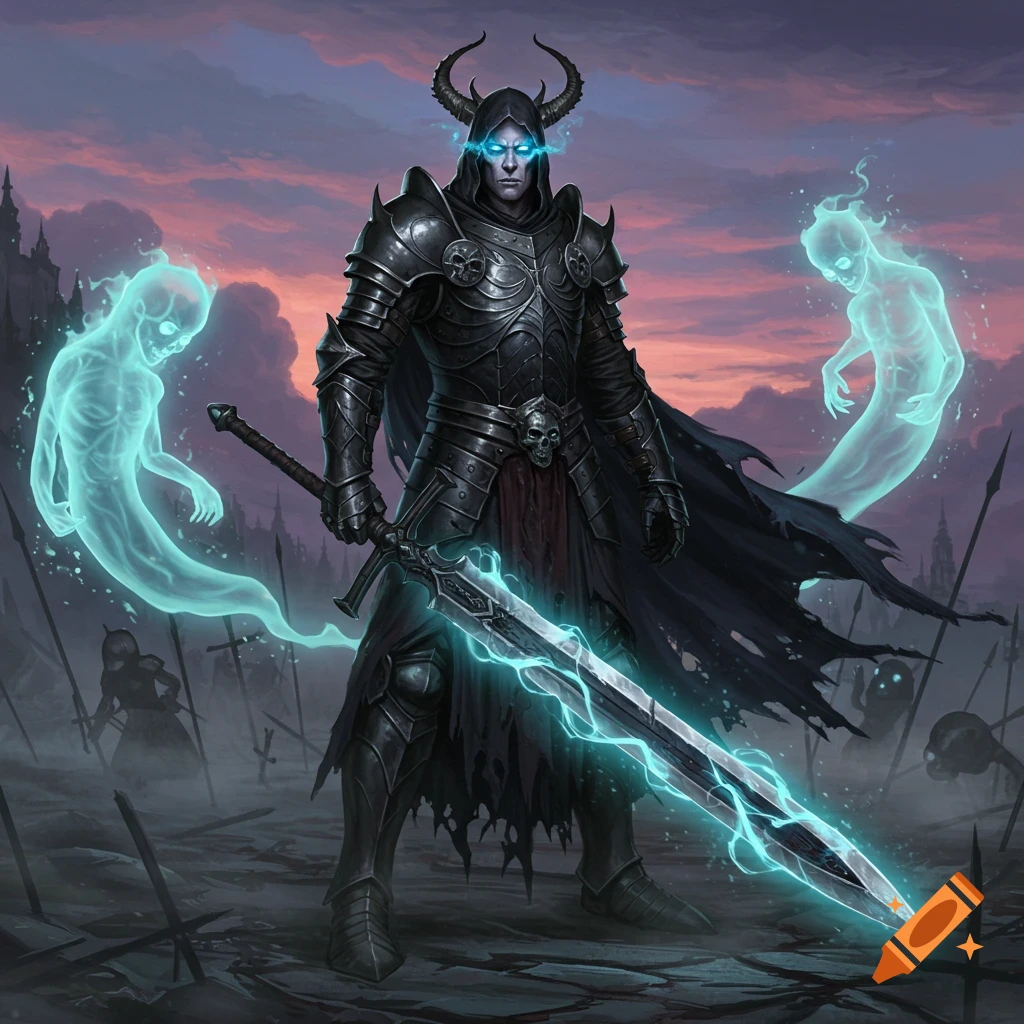 Dark armored necromancer with glowing eyes holds a blue electric sword, flanked by ethereal ghosts in a desolate, dusk-lit landscape.