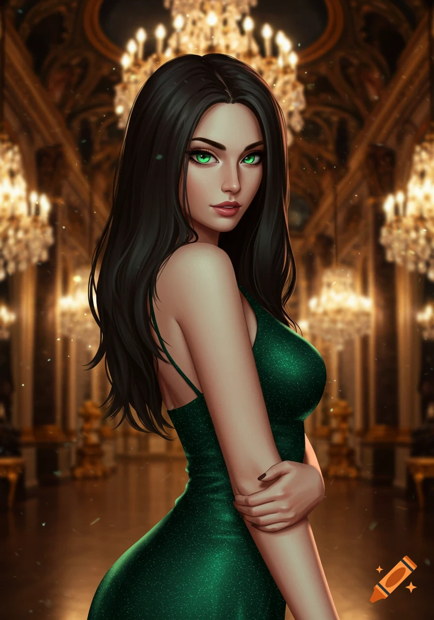 A woman with long dark hair and bright green eyes wears a sparkling dark green dress, smirking in a lavish room with chandeliers.