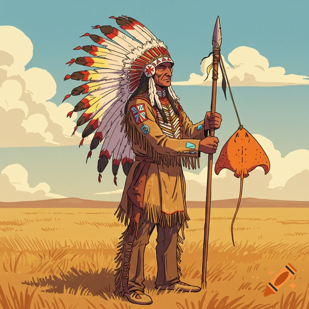 Cartoon American Indian chief in full feather headdress holding a spear with an orange stingray attached, standing in a grassy field.