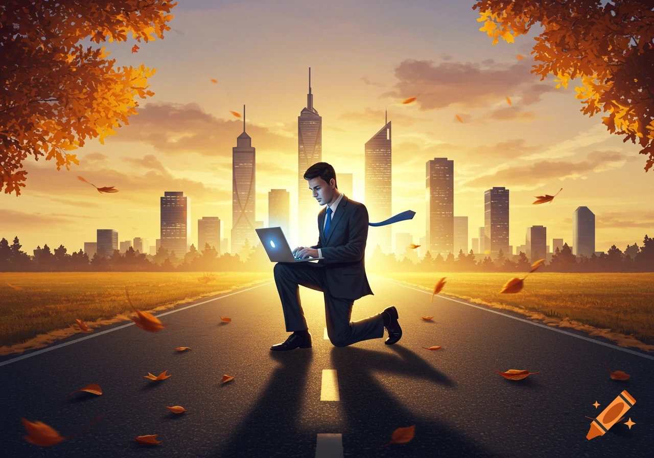 A man in a suit kneels on a road, engrossed in his laptop, against a backdrop of a city skyline at sunset with falling autumn leaves.