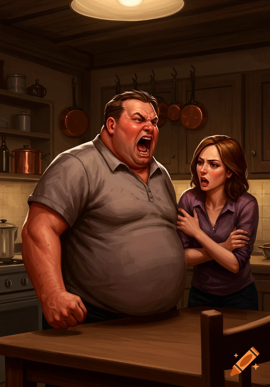 An illustration of an angry, overweight man yelling at a distressed woman in a kitchen.