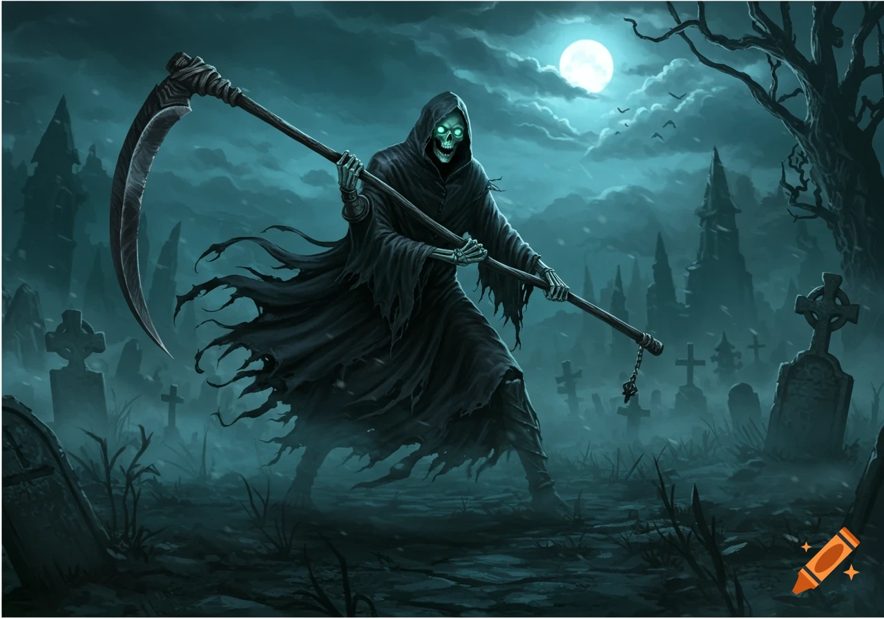 A menacing Grim Reaper with glowing green eyes and a large scythe stands in a foggy, moonlit graveyard, in a dark fantasy illustration.