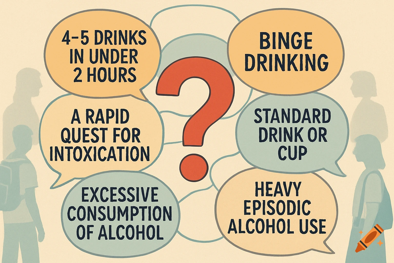 Illustration of a red question mark surrounded by six speech bubbles defining binge drinking, with abstract silhouettes in the background.