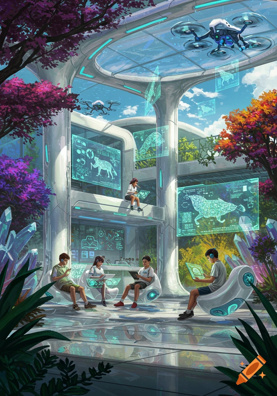 Children study in a futuristic outdoor school, using holographic screens and tablets amidst vibrant trees and crystalline plants, with drones overhead.
