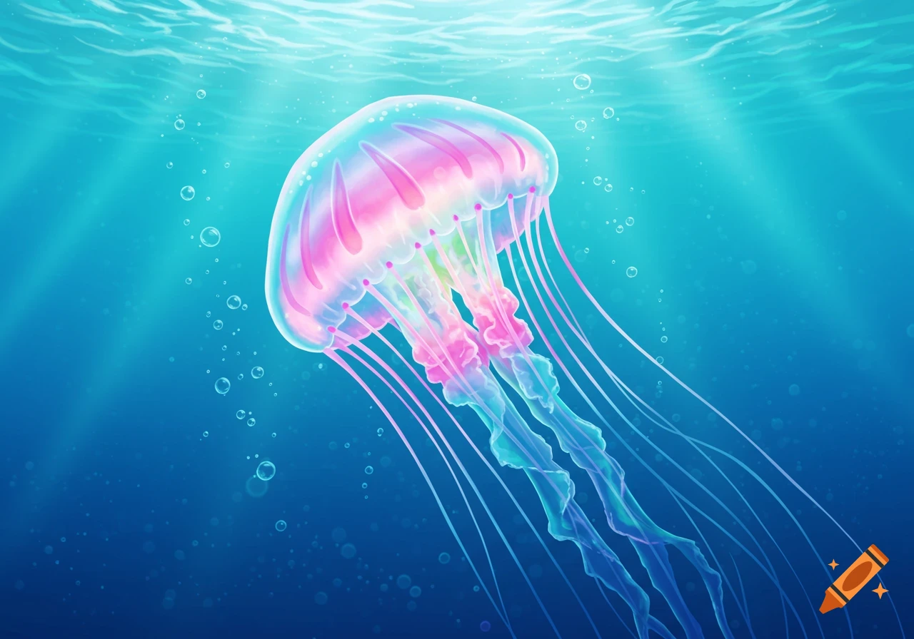 A vibrant, glowing pink and blue jellyfish with long tentacles swims gracefully in a deep blue underwater scene with sun rays and bubbles.
