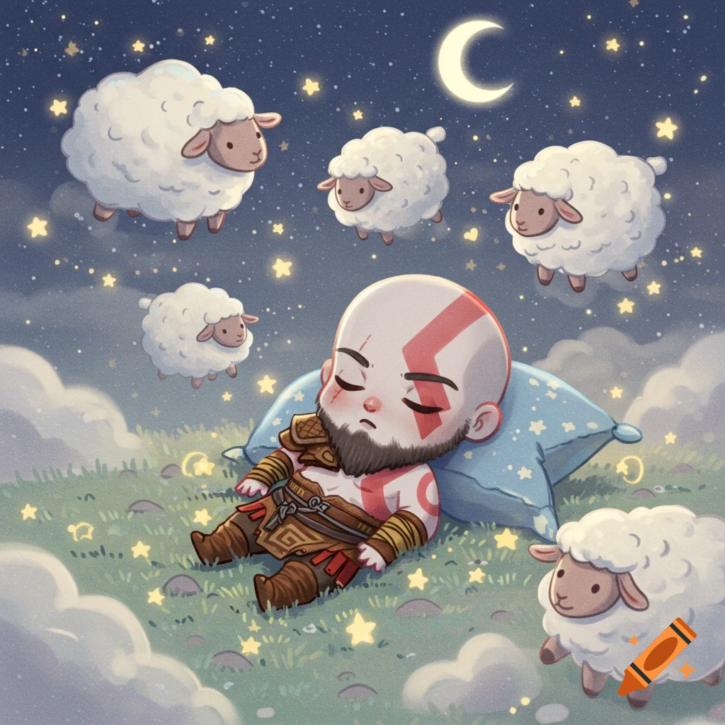 Chibi Kratos sleeps on a pillow in a starry night field with floating cartoon sheep and a crescent moon.