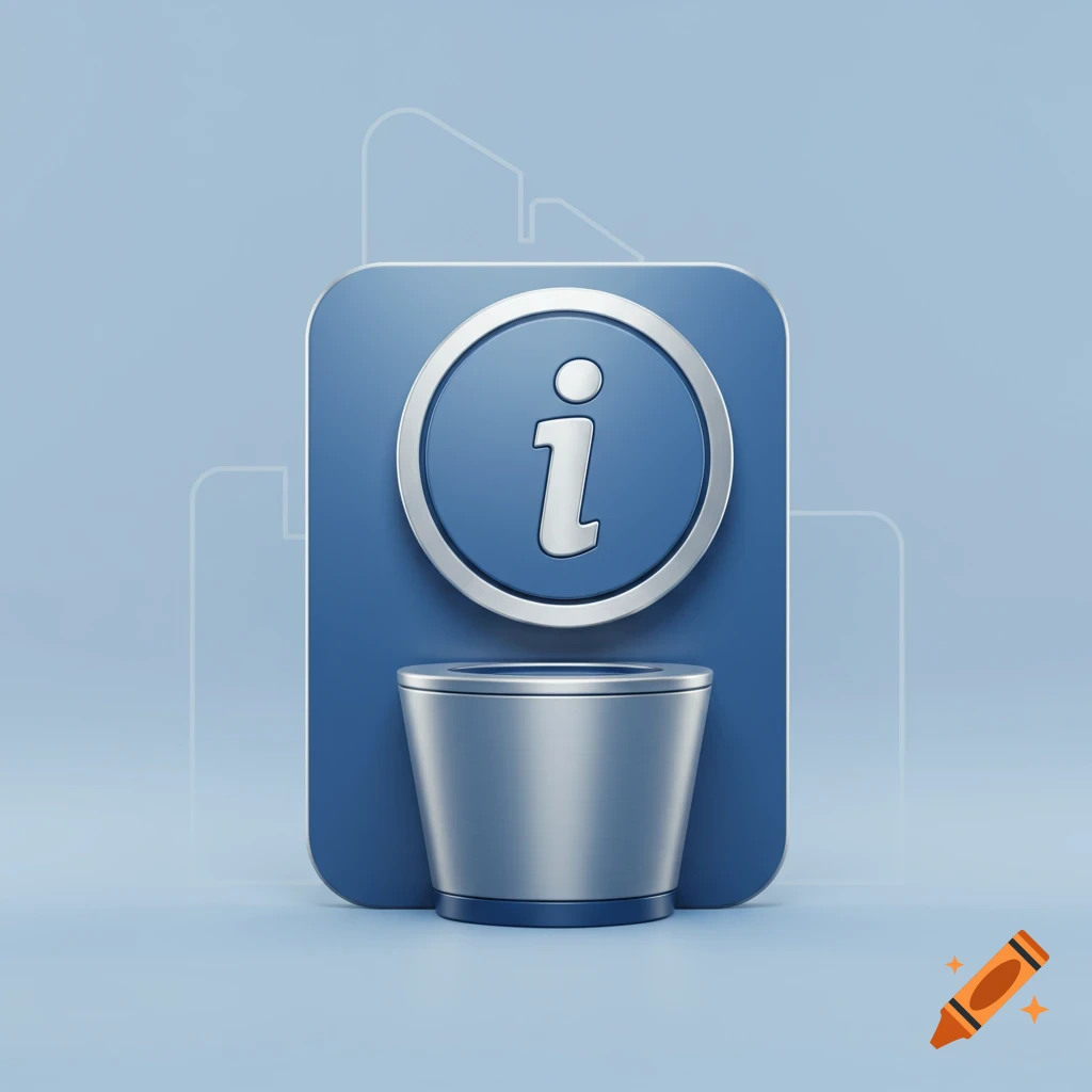 A 3D rendered blue icon featuring a white lowercase 'i' inside a circular border, above a metallic bin, on a light blue background.