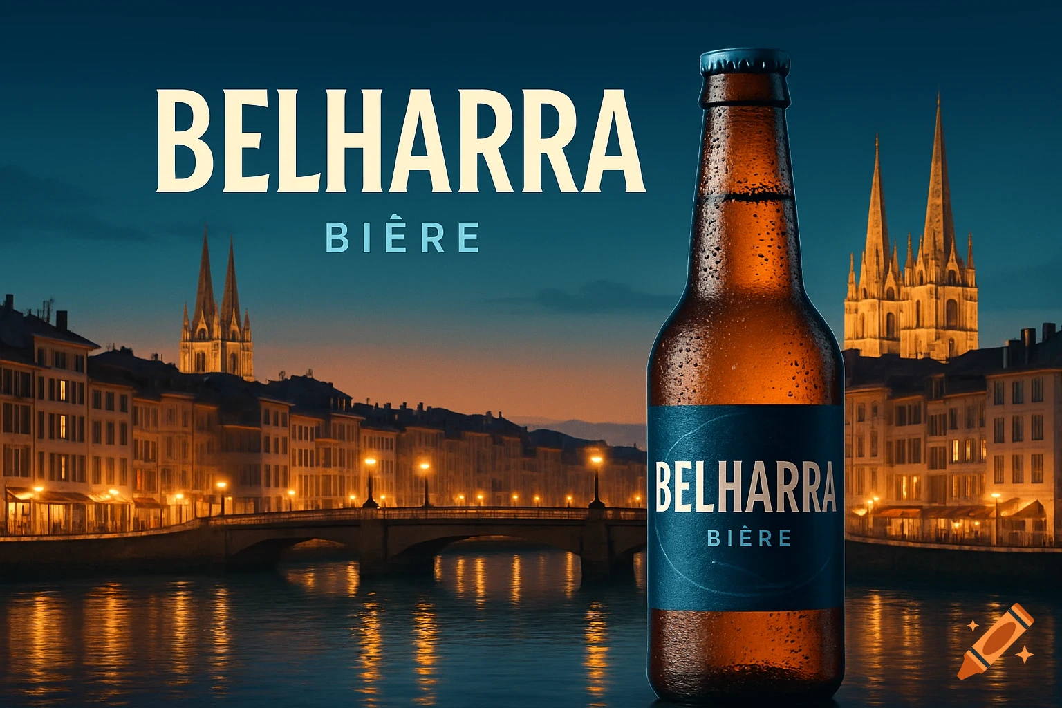 Photorealistic image of a cold Belharra beer bottle with condensation, against a dusk cityscape with a river and illuminated buildings.
