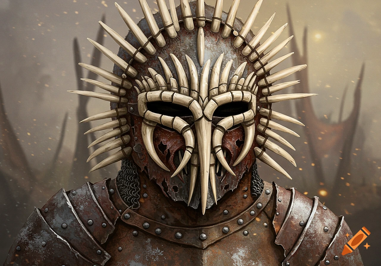 A close-up of a weathered fantasy helmet made of boar tusks arranged in a spiky crown and facemask, atop rusted armor.