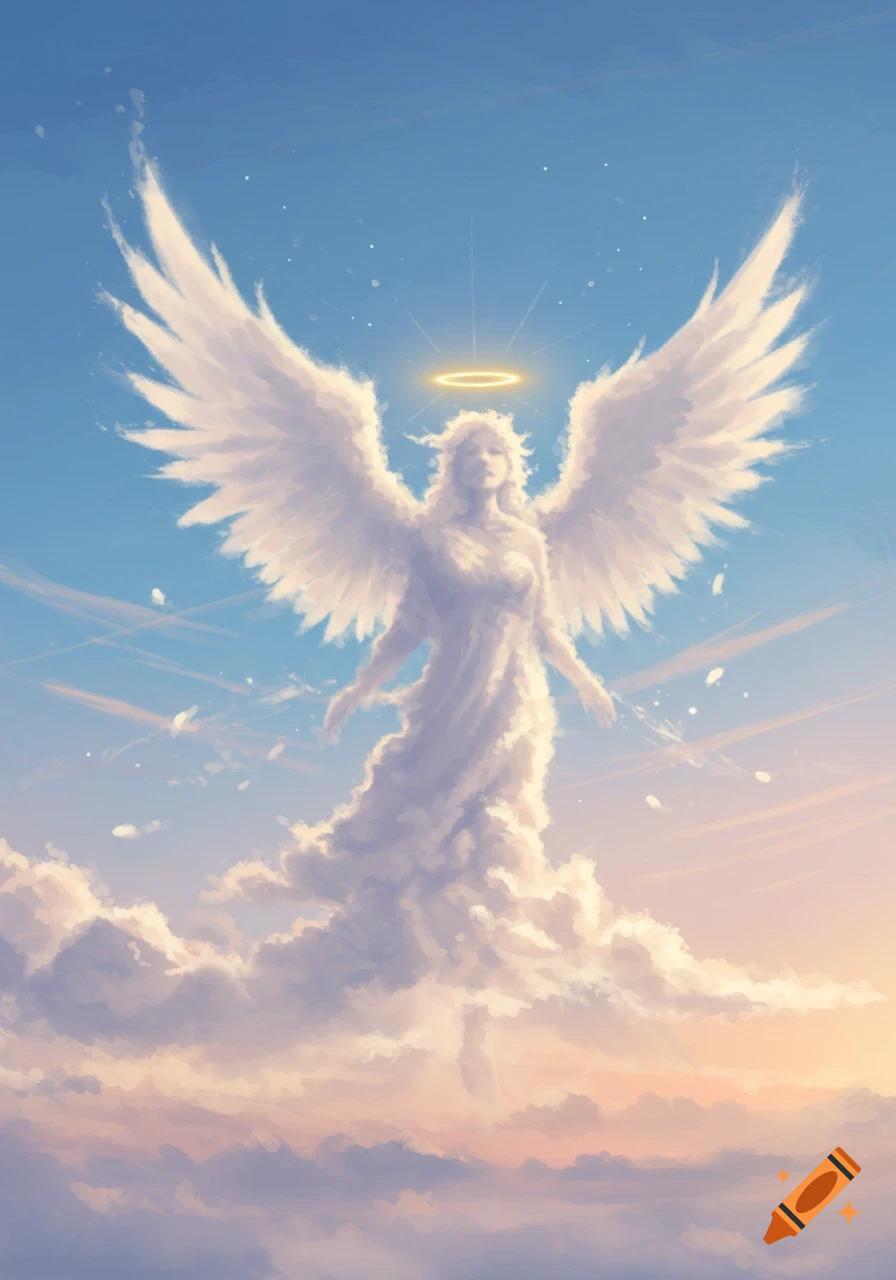 An ethereal angel made of clouds with large white wings and a halo, against a blue and orange sky.