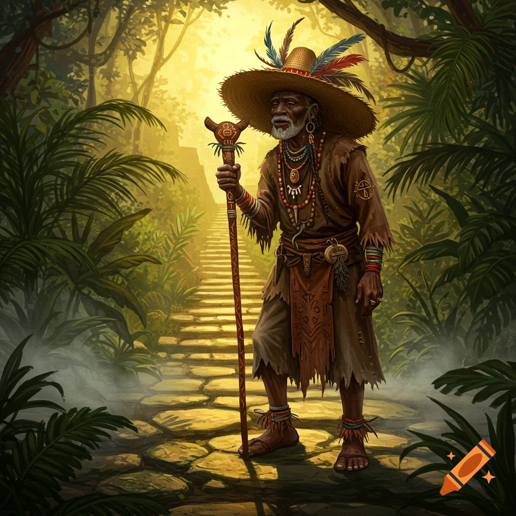 An old man with a wide-brimmed hat, traditional clothing, and a staff, stands on a stone path in a mystical, lush jungle.