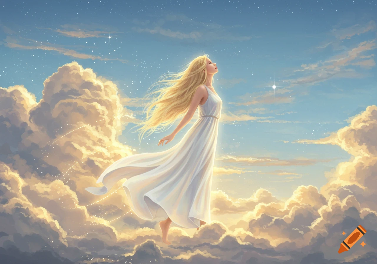 A blonde woman in a white flowing dress floats among golden clouds and a starry sky, looking up at a bright star.