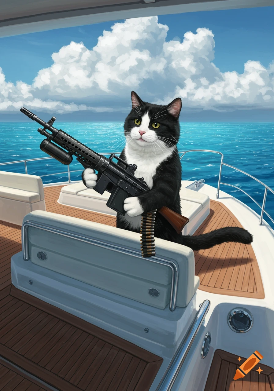 A tuxedo cat holding a machine gun on a luxury yacht at sea, under a blue sky with clouds.