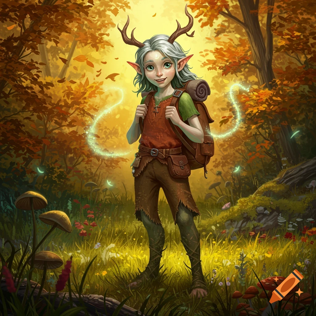 A smiling changeling with antlers, elf ears, and a backpack stands in an autumn forest with glowing magical trails.