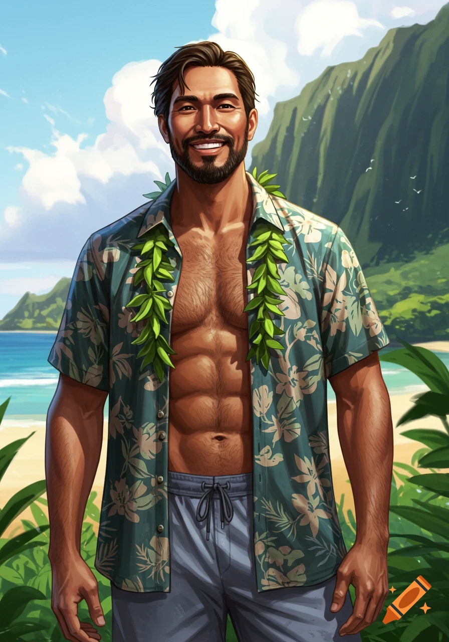 A smiling man with a beard and open Hawaiian shirt, wearing a lei, stands on a tropical beach with mountains and ocean in the background, in an illustrated style.