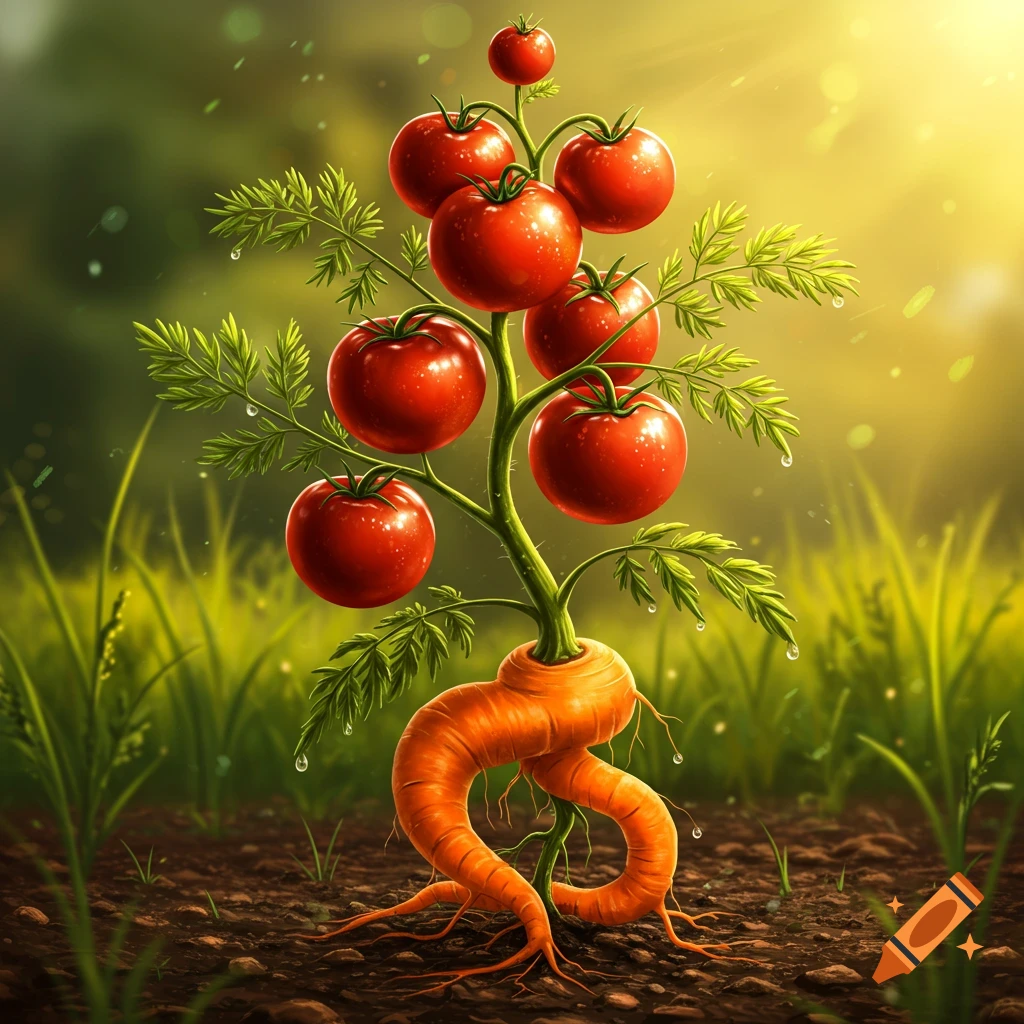 A whimsical plant features bright red tomatoes growing from green leafy stems that emerge from a large, orange, gnarled carrot root in rich soil under a sunny sky.