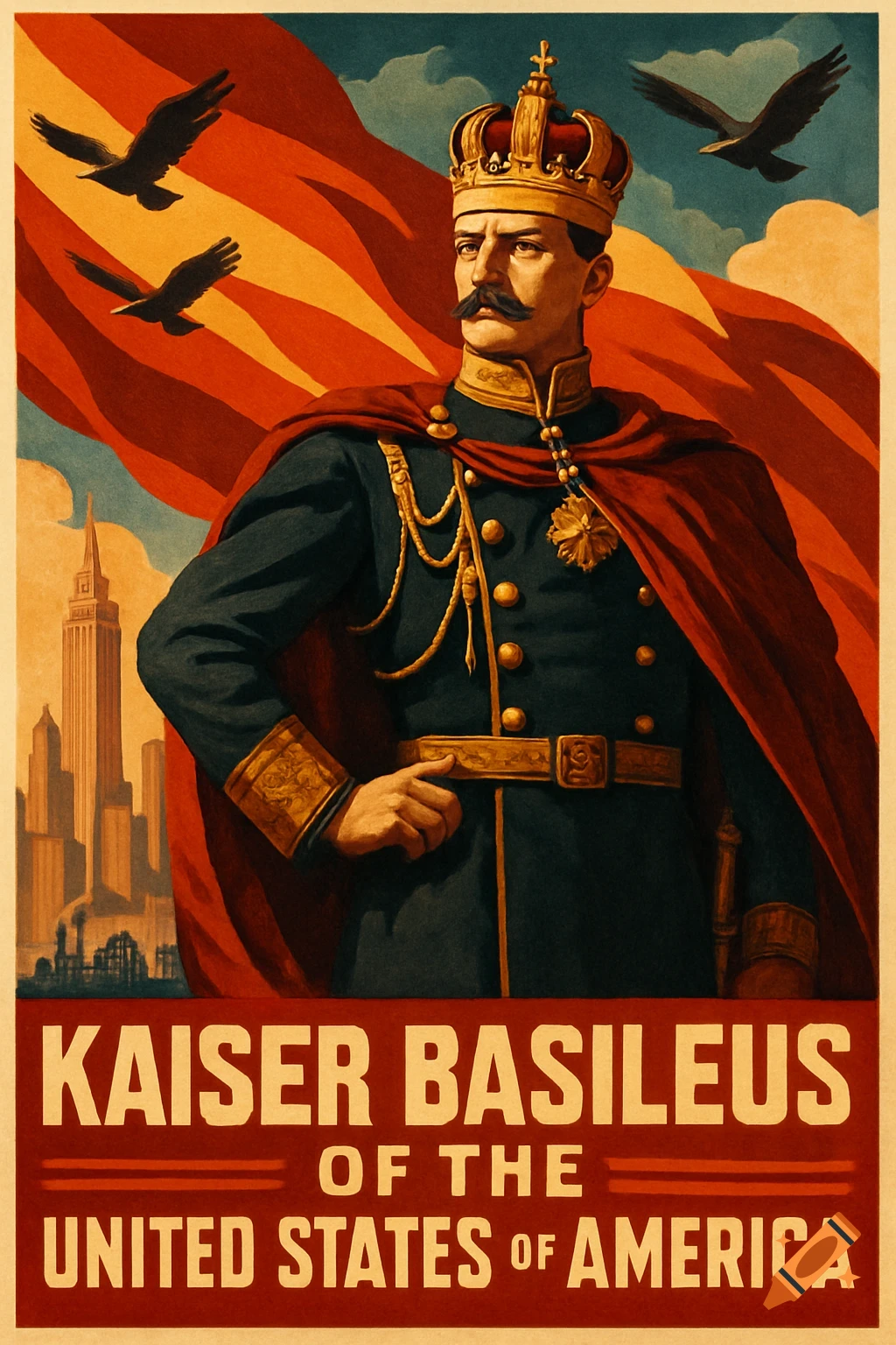 A vintage propaganda poster shows a man with a mustache and crown in a military uniform, a red and yellow flag, and a city skyline.
