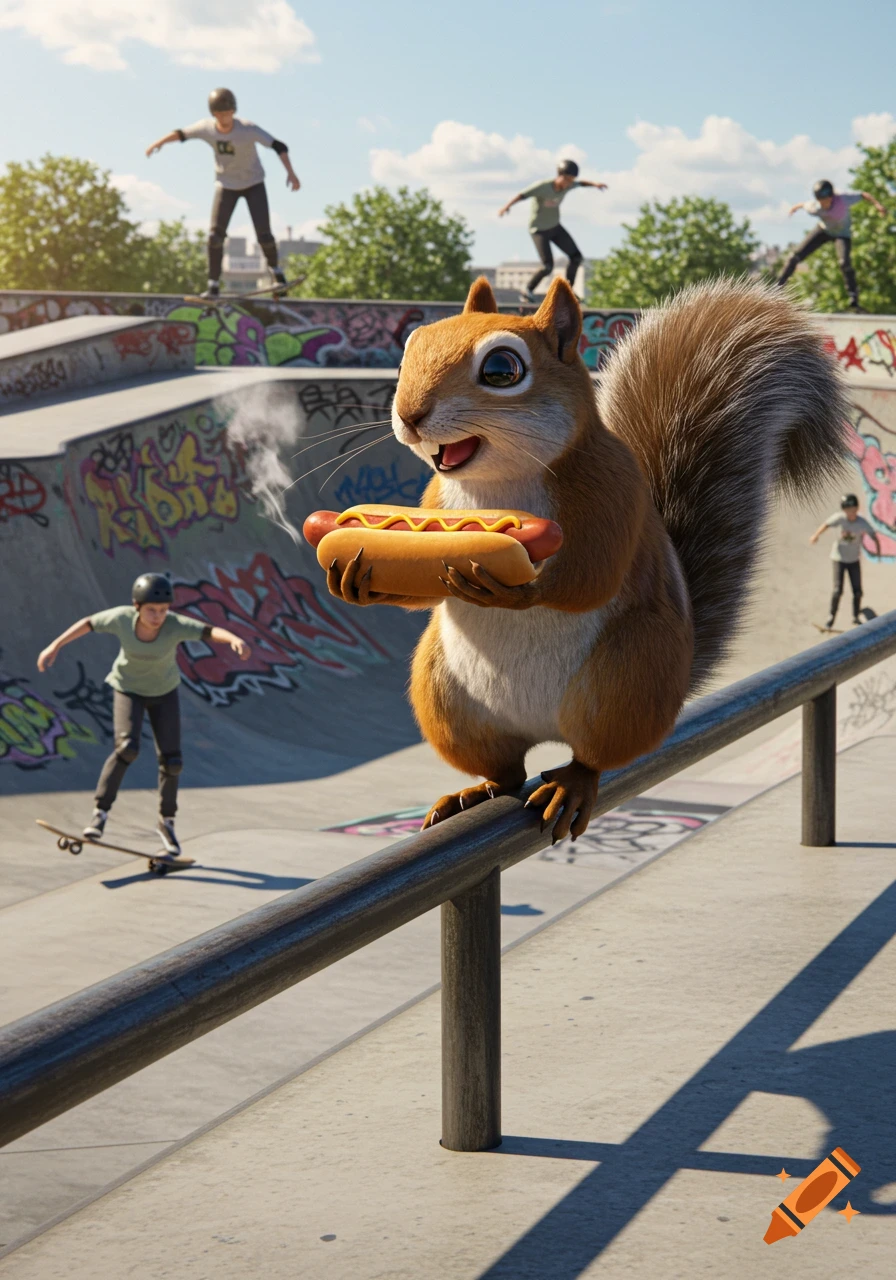 A fluffy squirrel on a metal rail holds a hot dog at a graffiti-covered skate park with skateboarders in the background, photorealistic.