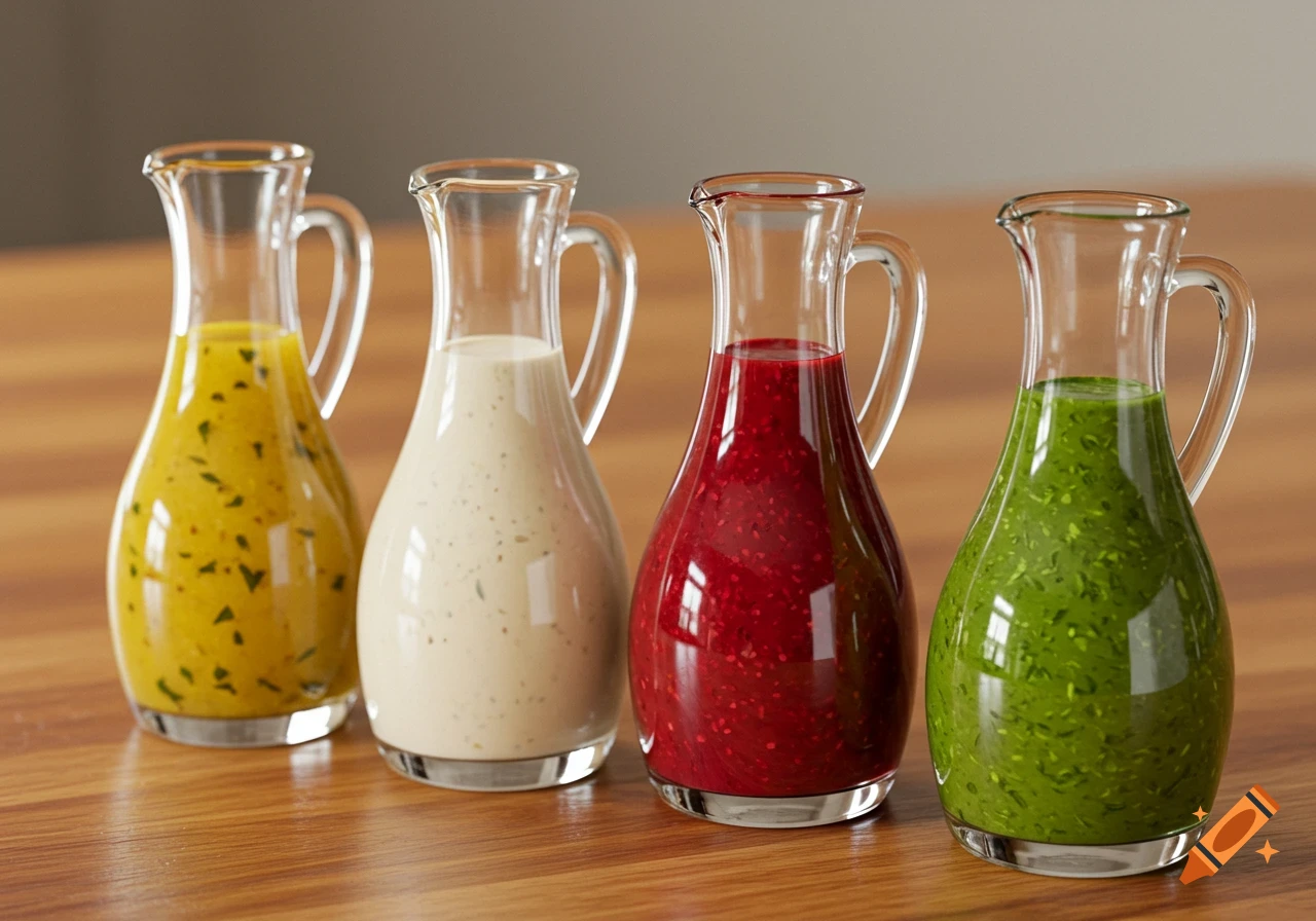 Four glass cruets with yellow, white, red, and green salad dressings on a wooden table.