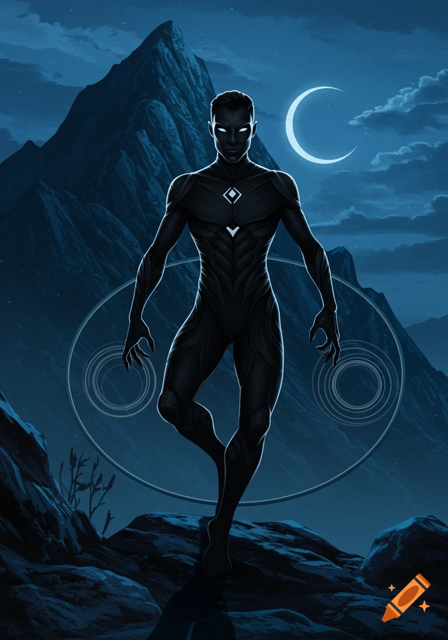 A dark-suited figure with glowing eyes stands on rocks before jagged mountains under a crescent moon in a stylized digital illustration.
