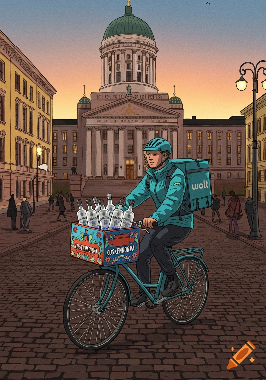 An illustrated scene of a Wolt delivery person on a bicycle, with a basket full of Koskenkorva bottles, riding down a cobbled street in front of a grand classical building at sunset.
