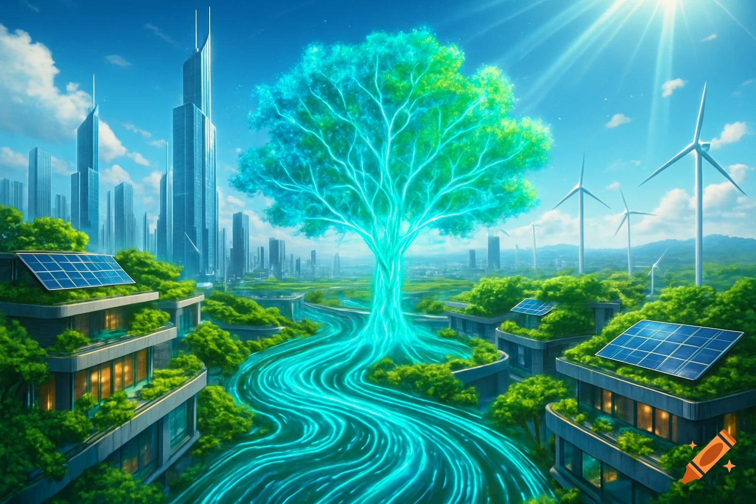 A vibrant futuristic city with green buildings, solar panels, and wind turbines, surrounding a glowing blue-green energy tree with flowing roots.