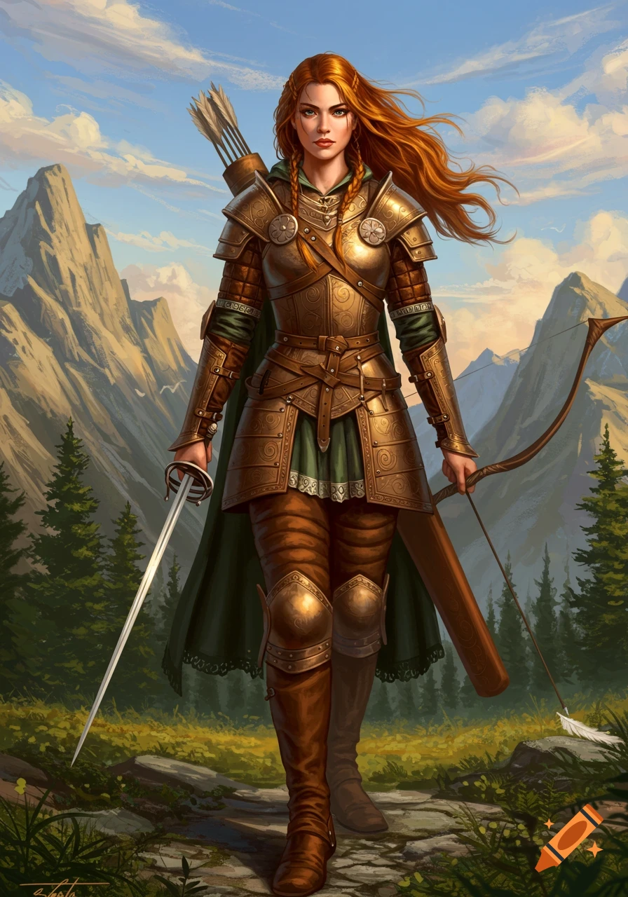A red-haired warrior in elaborate fantasy armor holds a sword and bow, standing on a path in a mountainous forest.