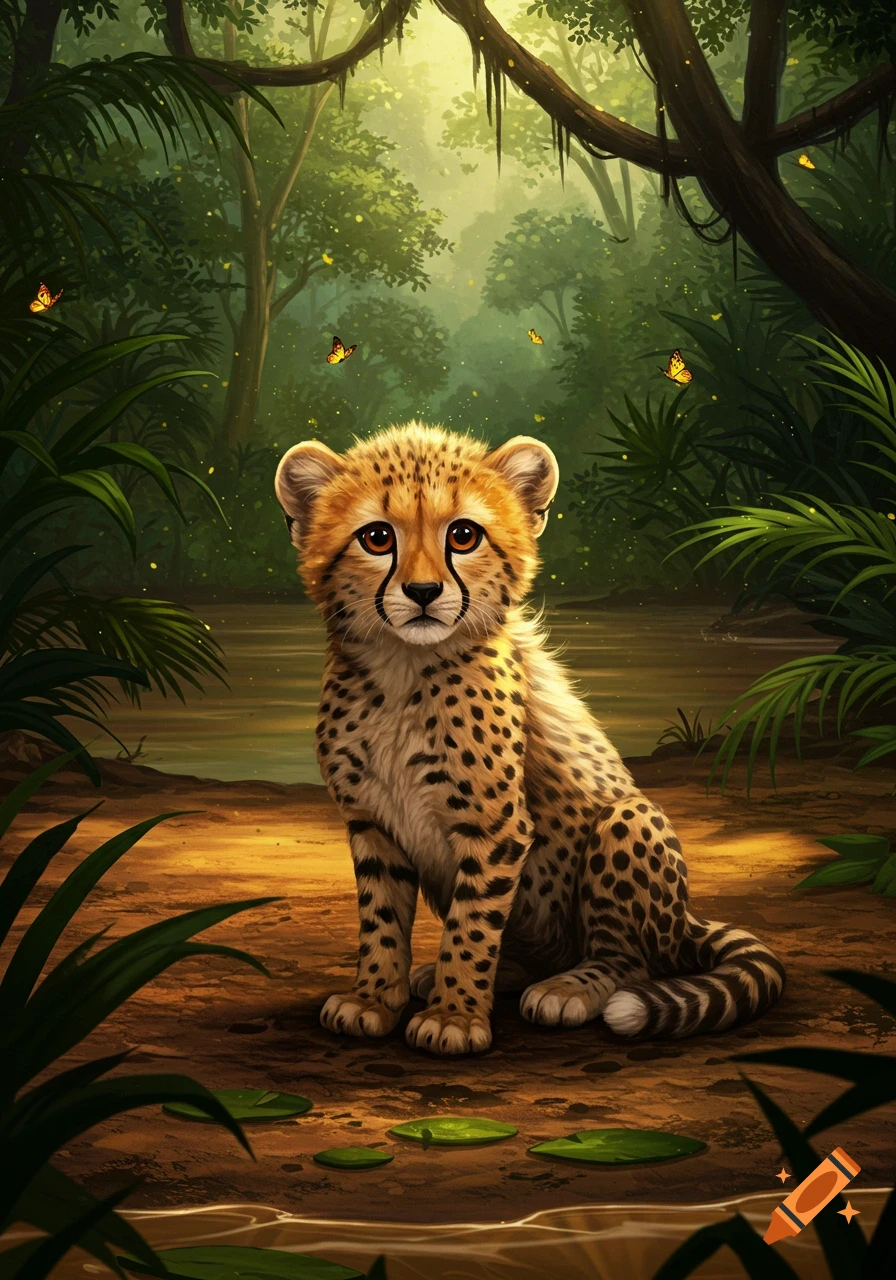 A cute cheetah cub sits on a muddy river bank in a lush, sun-dappled jungle, looking forward, with butterflies fluttering around.