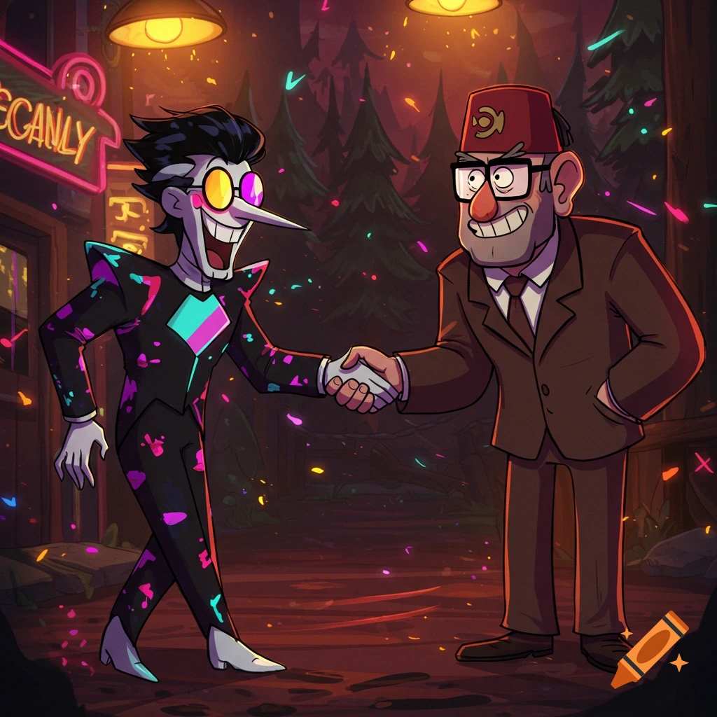 A cartoon illustration of Spamton from Deltarune and Grunkle Stan from Gravity Falls shaking hands in a dark, festive outdoor setting with glowing confetti.