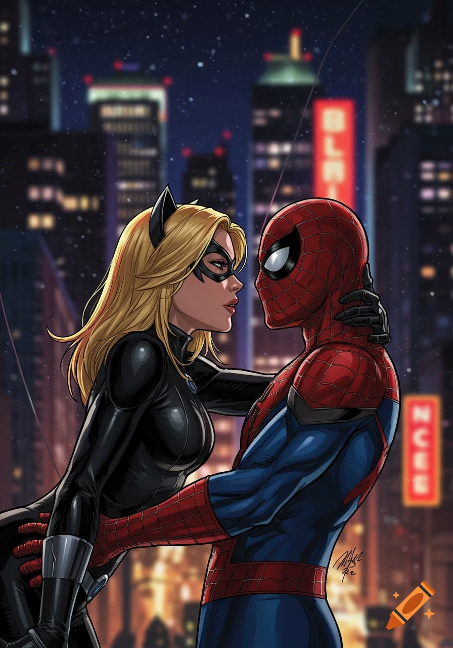 Black Cat and Spider-Man embrace intimately against a city skyline at night in a comic book art style.