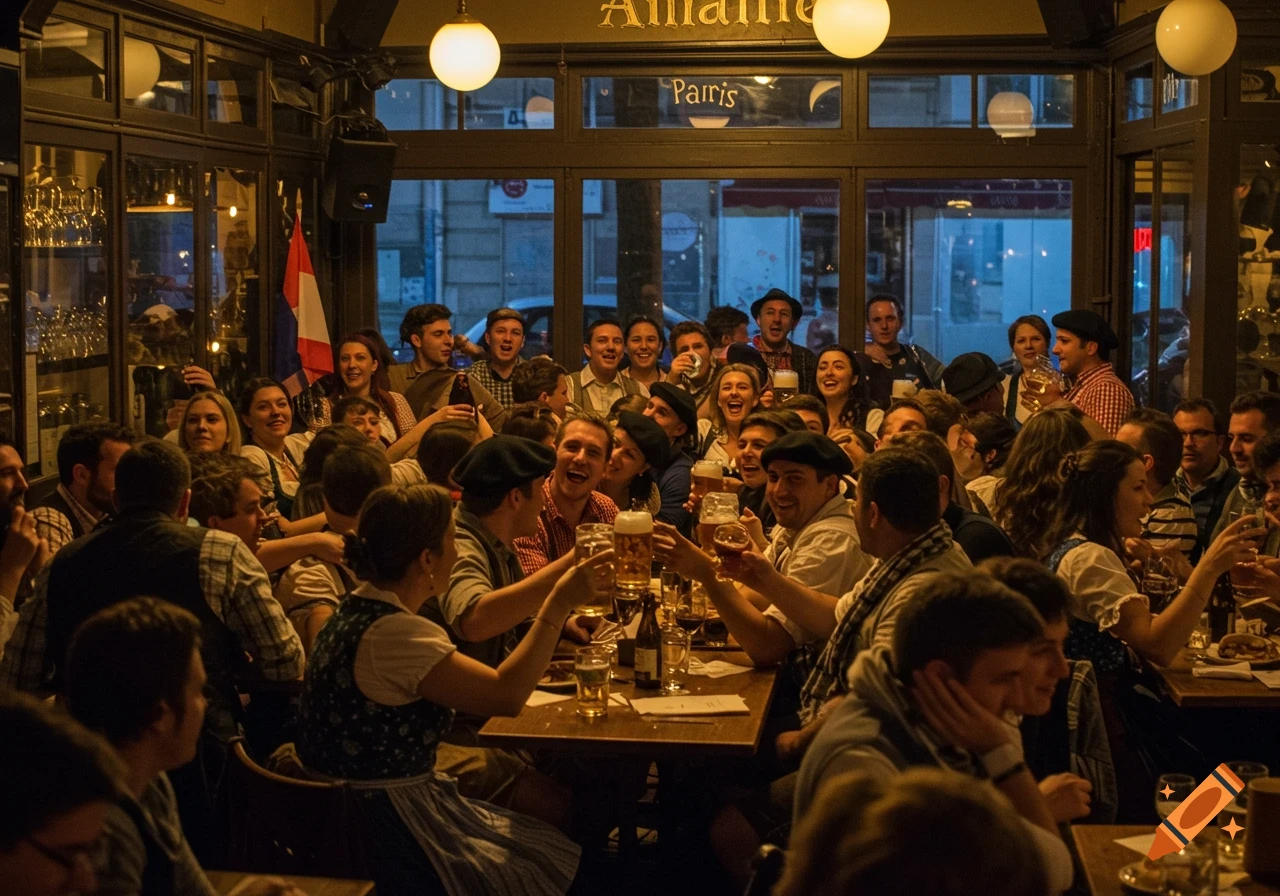 A diverse group of people celebrating and toasting with beer and wine in a warm-lit restaurant, painted in Edward Hopper's style.