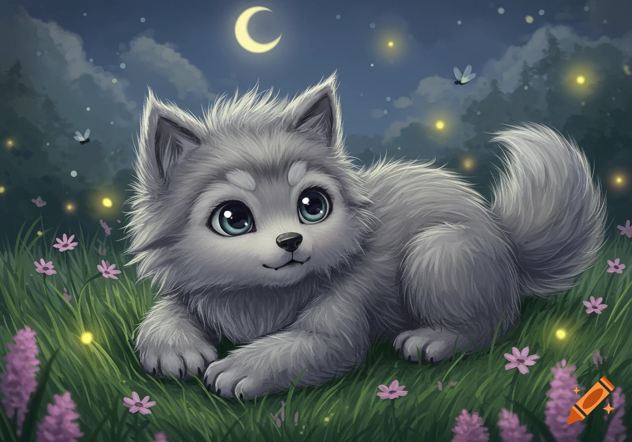 A cute, fluffy gray wolf pup with large blue eyes lies in green grass with purple flowers under a crescent moon and fireflies at night, in an illustrative style.