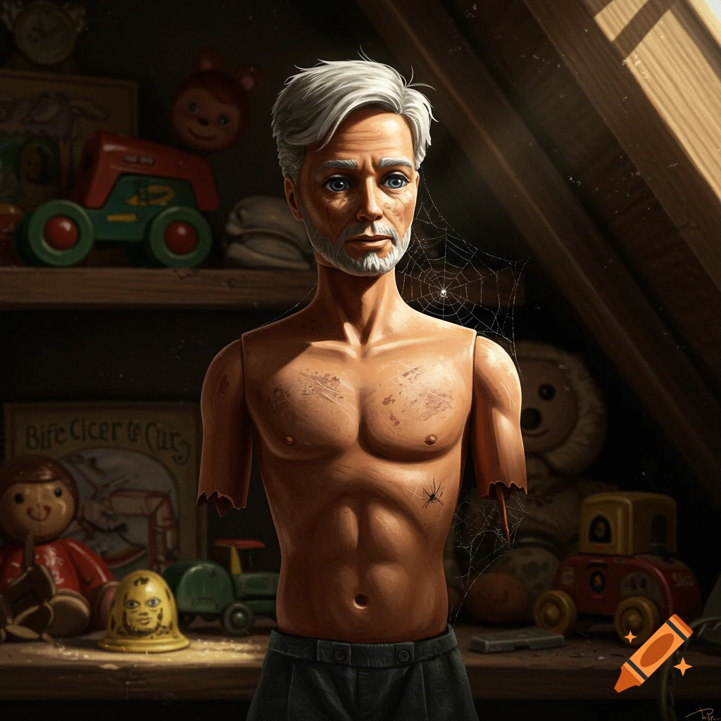 An old, broken male doll resembling a Ken doll, with gray hair and no arms, stands shirtless in a dusty attic among vintage toys.