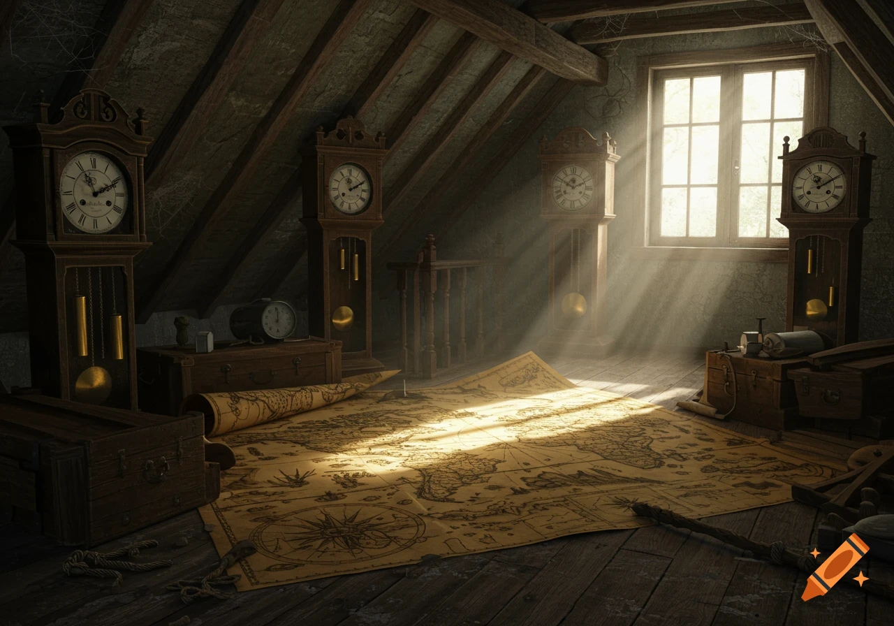 An atmospheric attic with sunlight streaming through a window, illuminating old grandfather clocks and an unfurled world map on the wooden floor.