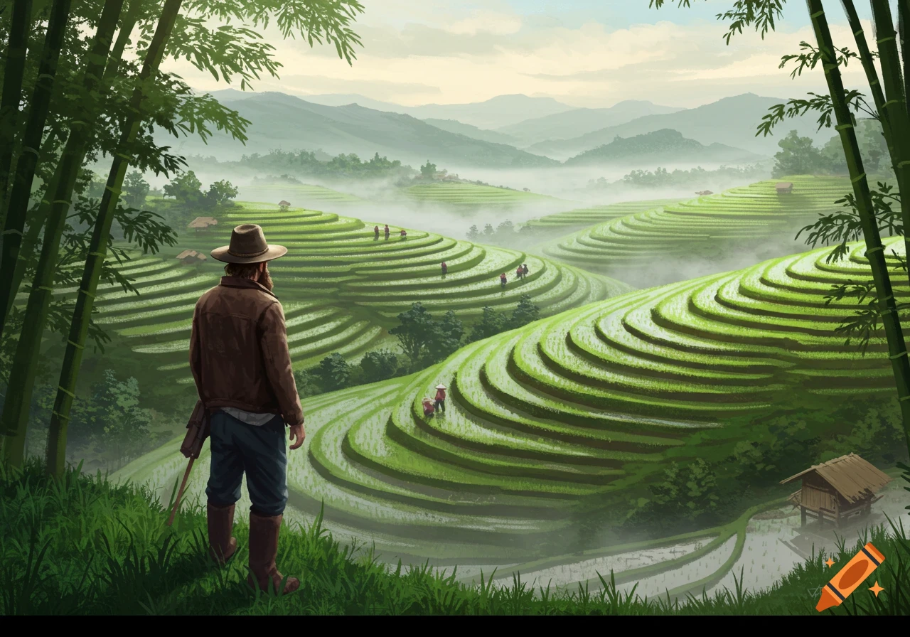 A man in a hat overlooks green terraced rice fields and misty mountains, framed by bamboo. Digital art.
