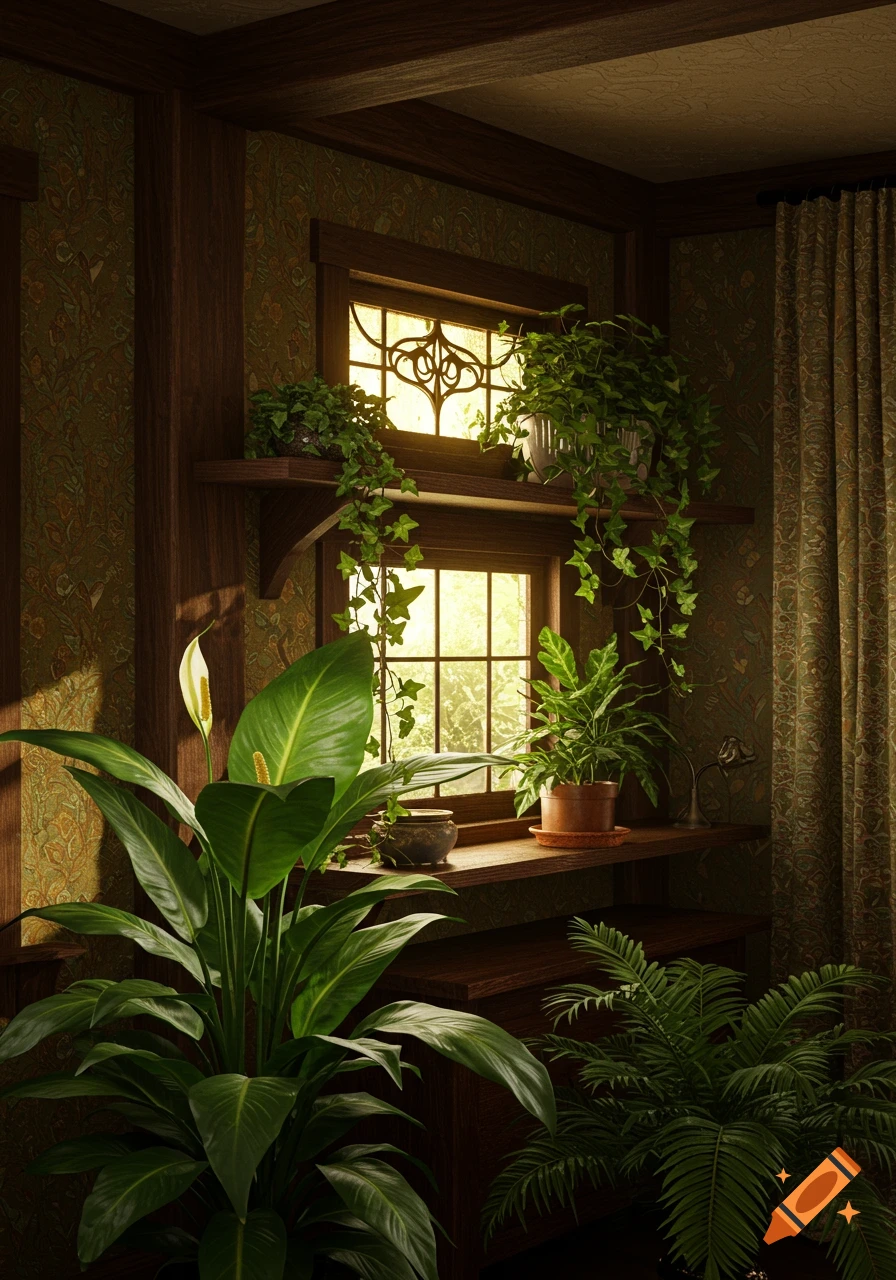 A sunlit Arts and Crafts interior with peace lily, English ivy, and maidenhair fern by two windows.