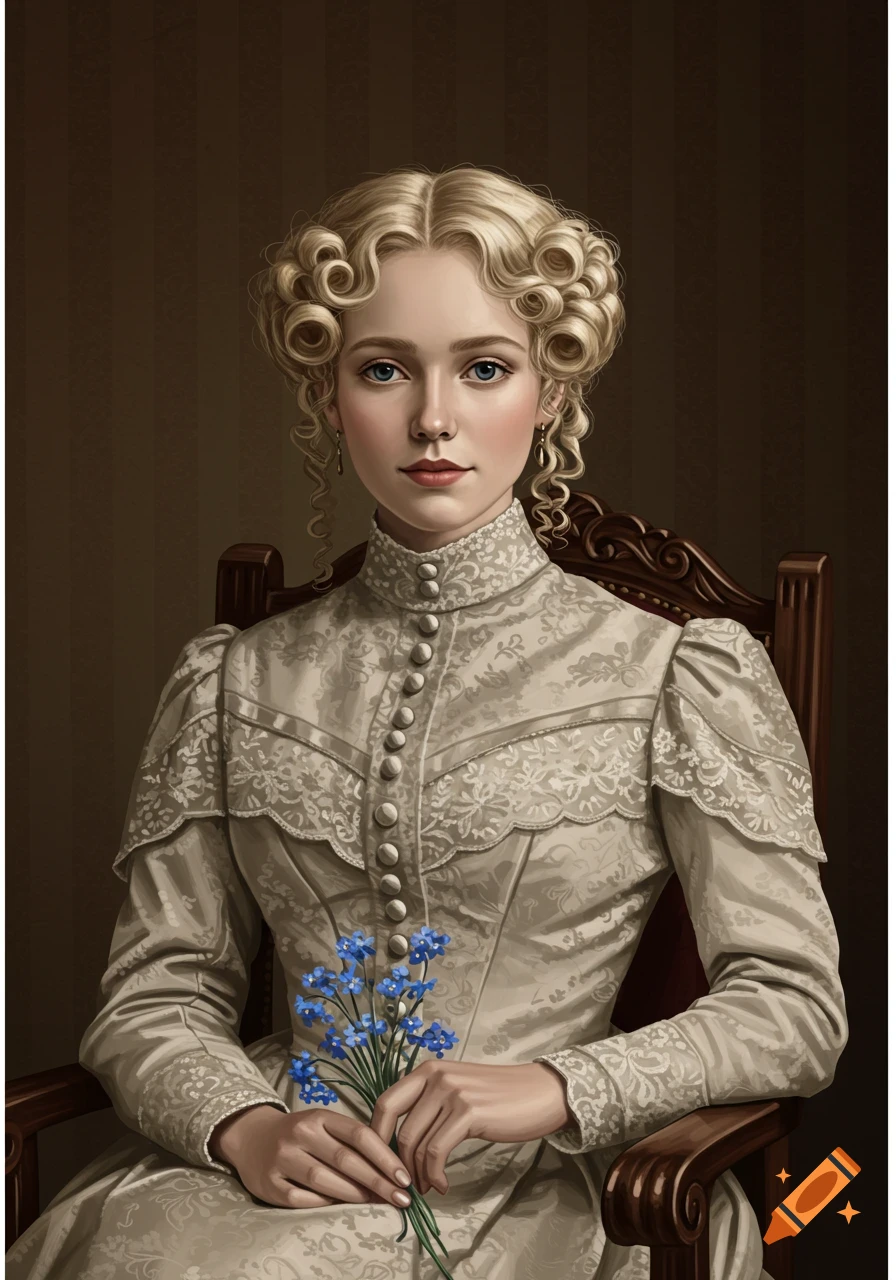 Realistic portrait of a young blonde Victorian woman with curly hair, sitting in a chair and holding blue forget-me-not flowers.